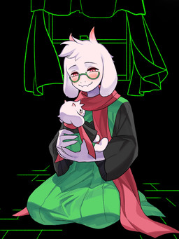5_fingers anthro blush eyewear fingers fur glasses horn kneeling male pink_eyes pink_horn plushie scarf smile solo white_body white_fur namuko deltarune undertale_(series) ralsei boss_monster_(undertale) 2025