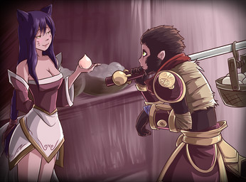 armor armwear bare_shoulders basket breasts clothing container detached_sleeves duo facial_markings female food fruit green_eyes hair head_markings long_hair male markings melee_weapon multi_tail peach_(fruit) plant polearm purple_hair staff tail weapon yellow_eyes gaelriz league_of_legends riot_games tencent ahri_(lol) wukong_(lol) animal_humanoid canid canid_humanoid canine canine_humanoid fox fox_humanoid haplorhine humanoid mammal mammal_humanoid monkey primate