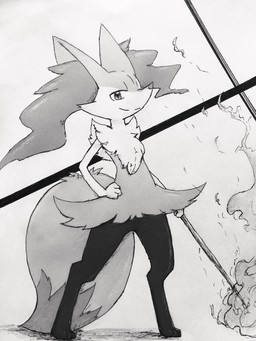 ambiguous_anthro ambiguous_gender anthro big_tail biped closed_smile digitigrade dipstick_tail elemental_manipulation featureless_crotch fire fire_manipulation flat_chested front_view hand_on_hip holding_object holding_stick looking_at_viewer markings mouth_closed simple_background smile solo standing stick tail tail_markings eiroru nintendo pokemon braixen canid generation_6_pokemon mammal pokemon_(species) 2018 3:4 full-length_portrait greyscale hi_res japanese_description monochrome portrait traditional_media_(artwork) translated_description