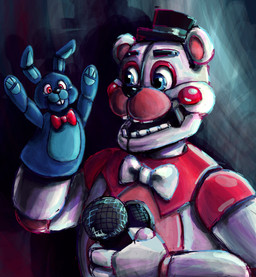 anthro machine puppet tristastrange01 five_nights_at_freddy's scottgames sister_location funtime_freddy_(fnafsl) puppet_bonnie_(fnafsl) animatronic lagomorph mammal robot 2016 absurd_res digital_media_(artwork) hi_res