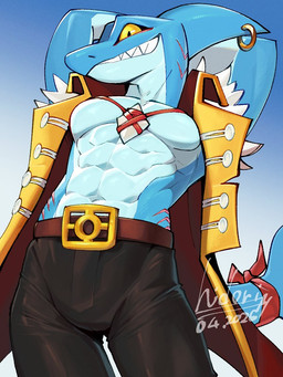 abs anthro belt blue_body blue_skin bottomwear clothed clothing fin fin_piercing furgonomic_piercing furgonomics gills grin head_fin longcoat looking_at_viewer male muscular muscular_anthro muscular_male open_clothing open_topwear pants pecs piercing pirate sharp_teeth shirtless_male smile solo tail teeth topwear yellow_eyes hidoritoyama dungeons_of_aether rivals_of_aether slade_(dungeons_of_aether) aquatic fish shark 3:4