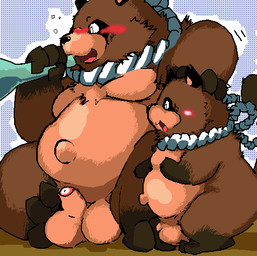 anthro balls belly big_balls blush brown_body brown_fur drunk duo fur genitals kemono male obese overweight overweight_male penis substance_intoxication young young_anthro sigenoya takotyutyu canid canine mammal raccoon_dog tanuki 2008 low_res