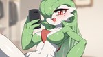 blurred_background breasts eyelashes female fingers green_hair hair hair_over_eye holding_object lips medium_breasts navel one_eye_obstructed open_mouth teeth tongue white_body white_skin drunk_oak nintendo pokemon gardevoir generation_3_pokemon humanoid pokemon_(species) 16:9 2023 hi_res widescreen