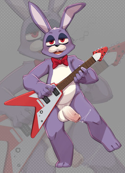 3_toes 5_fingers anthro arm_tuft balls biped black_nose blush blush_lines bodily_fluids bow_tie bow_tie_only buckteeth cheek_tuft elbow_tuft electric_guitar facial_tuft feet fingers flaccid foreskin fur genital_fluids genitals glistening glistening_eyes glistening_genitalia glistening_penis guitar half-closed_eyes holding_guitar holding_musical_instrument holding_object long_ears looking_at_viewer male male_anthro mostly_nude mostly_nude_anthro mostly_nude_male multicolored_body multicolored_fur multicolored_penis musical_instrument narrowed_eyes open_mouth penis pink_penis plucked_string_instrument precum purple_body purple_fur red_bow_tie red_eyes solo string_instrument teeth toes tuft two_tone_penis unretracted_foreskin white_balls white_body white_fur white_penis harusuke five_nights_at_freddy's scottgames bonnie_(fnaf) lagomorph leporid mammal rabbit 2024 digital_media_(artwork)