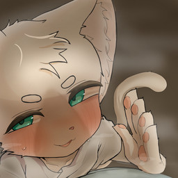 ambiguous_gender anthro bedroom_eyes blush blush_lines bodily_fluids clothed clothed_anthro clothed_male clothing duo fur high-angle_view inner_ear_fluff larger_ambiguous looking_at_viewer looking_up looking_up_at_viewer male male/ambiguous male_anthro narrowed_eyes open_mouth open_smile pawpads seductive shirt size_difference smaller_male smile solo_focus sweat tail teal_eyes topwear tuft white_body white_clothing white_fur white_shirt white_topwear young young_anthro young_male totasu vtuber nekoashi domestic_cat felid feline felis mammal 1:1 2026 digital_drawing_(artwork) digital_media_(artwork) hi_res japanese_description
