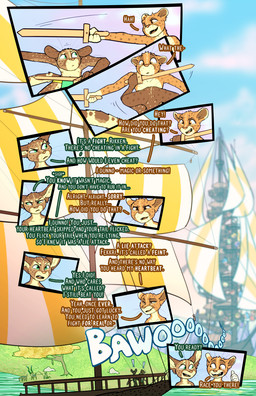 anthro dialogue duo fight kite_tower male melee_weapon nonsexualized_young onomatopoeia outside sound_effects sword swordfight text weapon wooden_sword fek the_sparks_of_daybreak fekkri_talot rikken_talot catfolk absurd_res comic hi_res