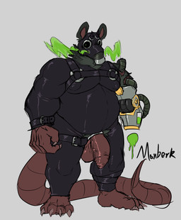 accessory belt clothing cock_ring disability foreskin gas_mask genitals jewelry latex latex_clothing latex_skinsuit male mask overweight penis penis_accessory penis_jewelry poison robotic_arm skinsuit solo tight_clothing tube demonrat manberk_(demonrat) mammal murid murine rat rodent absurd_res hi_res