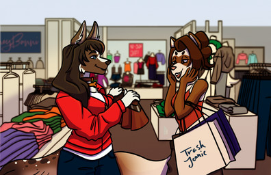 anthro blurred_background brown_hair clothed clothed_anthro clothed_female clothing collar collar_tag duo female folded_clothing hair hand_on_face happy highlights_(coloring) mall pleased_expression red_clothing red_highlights red_topwear shopping shopping_bag store tail text topwear trashjeanie zoey_(lovabletester) canid canine canis collie domestic_dog domestic_ferret german_shepherd herding_dog mammal mixed_breed mustelid musteline pastoral_dog sheepdog true_musteline weasel 2026 artist_name hi_res herm_(lore)