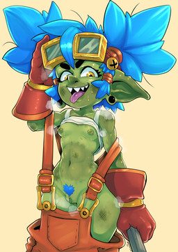 areola belly blue_hair bodily_fluids breasts clothed clothing dirty ear_piercing eyewear eyewear_on_head female gauged_ear genitals gloves goggles goggles_on_head green_body green_skin hair handwear holding_object humanoid_pointy_ears mechanic medium_breasts musk musky_armpit musky_vulva navel nipple_piercing nipples not_furry notched_ear open_mouth open_smile overalls piercing pigtails pointy_ears pointy_nose pubes raised_clothing raised_shirt raised_tank_top raised_topwear sharp_teeth shirt simple_background smile solo soot sweat sweat_fetish sweaty_belly sweaty_body sweaty_breasts tan_background tank_top teeth tied_hair tongue tongue_out topwear vulva yellow_eyes nerdbayne goblin humanoid 2024 absurd_res hi_res signature