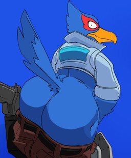 anthro beak beak_closed belt big_butt biped black_belt black_eyes blue_background blue_body blue_clothing blue_feathers blue_jacket blue_tail blue_topwear bottomwear bottomwear_down brown_bottomwear brown_clothing brown_pants butt clothed clothing feathers gun handgun holster jacket looking_at_viewer looking_back looking_back_at_viewer male male_anthro mouth_closed orange_beak pants pants_down partially_clothed partially_clothed_anthro partially_clothed_male pistol ranged_weapon rear_view sheathed_weapon simple_background solo tail tail_feathers topwear weapon crimenes nintendo star_fox falco_lombardi avian bird falcon falconid 2026 digital_media_(artwork)