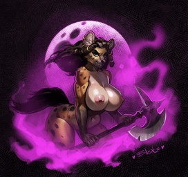 action_pose anthro axe battle_axe bent_over big_breasts breasts brown_body brown_fur brown_hair ear_piercing ear_ring female fur hair holding_axe holding_object huge_breasts inner_ear_fluff looking_at_viewer markings nipples nude piercing pose ring_piercing solo spots spotted_body spotted_fur tail tuft bleats kyrillian_(storyforge) gnoll hyena mammal spotted_hyena 2023 hi_res