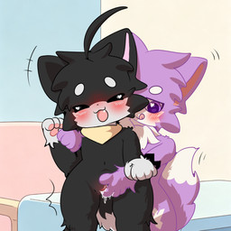 anus black_body black_eyes black_fur bodily_fluids bulge butt claws cum duo ear_tuft ejaculation feet female fingering fingering_self fur genital_fluids genitals hindpaw male male/female masturbation pawpads paws purple_body purple_eyes purple_fur sex smile tail toe_claws tuft vaginal vaginal_fingering vaginal_fluids vaginal_squirting vulva white_body white_fur x_anus xinpero domestic_cat felid feline felis mammal 1:1