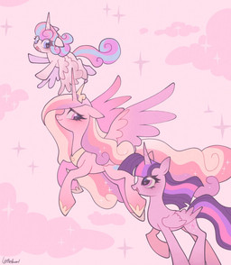 cloud crown family female feral flying group headgear horn regalia smile sparkles trio wings petaltwinkle friendship_is_magic hasbro my_little_pony mythology flurry_heart_(mlp) princess_cadance_(mlp) twilight_sparkle_(mlp) equid equine mammal mythological_creature mythological_equine winged_unicorn hi_res