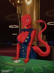 areola areola_slip bedroom_eyes big_breasts blackjack_(card_game) bow_tie breasts card card_game casino cleavage cleavage_overflow clothed clothing curvy_figure dealer female gambling gaming king narrowed_eyes playing_card poker red_body red_skin royalty seductive solo_focus spiked_tail spikes spikes_(anatomy) tail tight_clothing topwear unprofessional_behavior vest voluptuous pilotredsun sixin fiend_(pilotredsun) alien demon humanoid hi_res meme