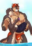 abs anthro bottomwear bridal_carry brown_body brown_fur bulge carrying_another clothing cuddling duo fur hat headgear headwear jewelry lifeguard male male/male muscular muscular_anthro muscular_male necklace nipples partially_submerged pecs romantic romantic_couple shorts speedo swimwear water chuurow lifewonders live_a_hero dog_operator protagonist_(live_a_hero) pubraseer canid canine canis domestic_dog mammal absurd_res hi_res