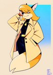 anthro black_bottomwear black_clothing black_pants bottomwear clothing coat ear_piercing female jewelry looking_at_viewer markings mature_anthro mole_(marking) necklace pants piercing topwear sonnyd61 mrs._mac_sionnach canid canine fox mammal absurd_res hi_res