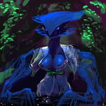 areola blue_body blue_skin breasts clothing female looking_at_viewer nipples partially_submerged solo translucent translucent_clothing water meandraco alien humanoid 1:1 hi_res