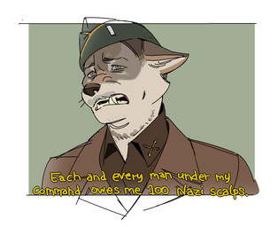anthro blue_eyes border clothing coat fangs fur grey_body grey_fur hat headgear headwear insignia male military_uniform multicolored_body multicolored_fur open_mouth pointy_ears side_cap simple_background snout solo teeth text topwear two_tone_body two_tone_fur uniform whiskers white_body white_border white_fur ddcrushh aldo_raine canid canine mammal digital_drawing_(artwork) digital_media_(artwork) english_text