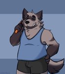 anthro biped bulge clothing eyes_closed male shirt simple_background solo topwear underwear orbitpaws password_(visual_novel) dave_(password) hyena mammal striped_hyena 2021 hi_res