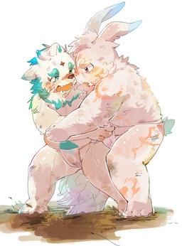 anthro asian_clothing belly blue_eyes blush bulge clothing duo east_asian_clothing eyebrows fur japanese_clothing male male/male mawashi mud mud_wrestling overweight overweight_male sumo sumo_wrestling thick_eyebrows white_body white_fur wrestling young young_male zimsanada2 asian_mythology east_asian_mythology japanese_mythology lifewonders mythology tokyo_afterschool_summoners agyo_(tas) inaba_(tas) foo_dog komainu lagomorph leporid mammal rabbit yokai hi_res