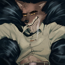 anthro black_nose bottomwear brown_body brown_eyes brown_fur cigarette clenched_teeth clothing fur looking_at_viewer lying male male_anthro necktie on_back skirt smoking smoking_cigarette solo teeth tuft yellow_sclera carlosjarlos dreamworks the_bad_guys mr._wolf_(the_bad_guys) canid canine canis mammal wolf 1:1 2023 absurd_res hi_res