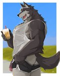 anthro beverage bottomwear bubble_tea clothing eyewear fur genitals glans looking_at_viewer male muscular muscular_anthro muscular_male nipples outside pecs penis pose shirt shorts side_view solo standing sunglasses tail tank_top teeth topwear radcanine canid canine mammal 4:5 digital_drawing_(artwork) digital_media_(artwork) hi_res