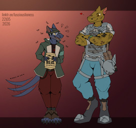 ambiguous_gender anthro armor body_armor border bottomwear camo camo_clothing camo_print camo_topwear claws clothed clothing crossed_arms digitigrade digitigrade_footwear dog_tags duo eye_contact eyewear fingerless_gloves food footwear front_view furgonomic_footwear furgonomic_headwear furgonomics gloves goggles gradient_background handwear hat headgear headwear helmet holding_food holding_object jacket jewelry looking_at_another mre necklace pants pattern_clothing pattern_topwear scar scared simple_background size_difference standing tail tail_motion tailwag tapering_tail text toeless_footwear topwear yapping lusciouslioness project_silverfish inheritor lizard reptile scalie 2026 absurd_res dated english_text hi_res