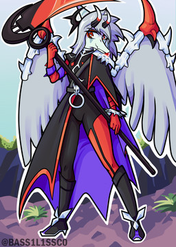 alternate_costume anthro blue_body bodysuit bone_frill bracelet cape clothed clothed_anthro clothed_female clothing day dirt fake_horns feathered_wings feathers female fingers frill_(anatomy) front_view gloves grass grey_body grey_feathers grey_hair hair handwear holding_melee_weapon holding_object holding_polearm holding_scythe holding_weapon humanoid_hands jewelry long_hair melee_weapon outside plant polearm pose red_eyes scythe skinsuit smile solo spiked_bracelet spikes standing text tight_clothing weapon wings bass1l1ssc0 goodbye_volcano_high ko_op_(game_developer) fang_(gvh) prehistoric_species pterosaur reptile scalie artist_name colored full-length_portrait hi_res portrait shaded watermark