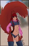 anthro black_body black_fur blue_eyes breasts brown_body brown_fur clothing ear_tuft female fur hair hoodie legwear looking_at_viewer midriff panties red_hair skull_panties solo tan_body tan_fur thigh_highs topwear tuft under_boob underwear oonami paggi_outfit ami_(oonami) eurasian_red_squirrel mammal rodent sciurid tree_squirrel 2024 absurd_res hi_res