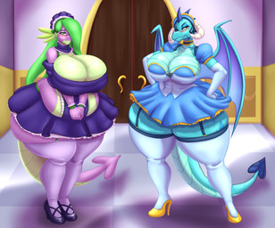 big_breasts blue_body blush breasts clothing crossgender duo female footwear garter_straps hands_on_hips high_heels legwear membrane_(anatomy) membranous_wings mouth_closed mtf_crossgender non-mammal_breasts purple_body shoes spade_tail tail thick_thighs thigh_highs wide_hips wings blues64 marauder6272 friendship_is_magic hasbro my_little_pony mythology princess_ember_(mlp) spike_(mlp) dragon mythological_creature mythological_scalie scalie hi_res