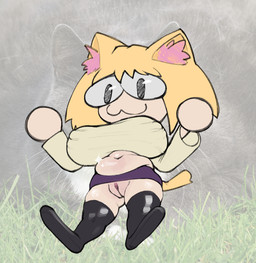 :3 belly big_breasts big_eyes blonde_hair breasts clitoral_hood clitoris clothing female furred_ears genitals glistening glistening_body hair legwear photo_background pointy_ears slightly_chubby solo stockings tail vulva yellow_tail garbledina tsukihime type-moon neco-arc animal_humanoid cat_humanoid felid felid_humanoid feline feline_humanoid humanoid mammal mammal_humanoid colored photography_(artwork)