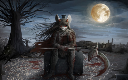 anthro armor biped black_hair black_nose blood blood_on_clothing blood_on_ground blood_on_object blood_on_weapon bodily_fluids clothed clothing front_view fur gauntlets gloves glowing glowing_eyes greaves hair handwear holding_melee_weapon holding_object holding_weapon long_hair male melee_weapon moon night outside plant polearm red_eyes red_moon scythe sitting solo tree weapon whiskers white_body white_fur fuf bloodborne fromsoftware sony_corporation sony_interactive_entertainment mammal mouse murid murine rodent 2019 alternate_version_at_source hi_res