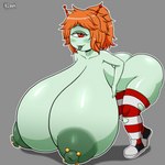 bent_over big_breasts blep breasts butt clothed clothing crosswise_nipple_piercing female freckles green_body hair huge_breasts hyper hyper_breasts legwear mostly_nude nipple_piercing nipples not_furry orange_hair piercing solo thigh_highs tongue tongue_out normi cyclops humanoid 1:1 absurd_res hi_res