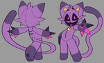 ambiguous_gender anthro black_sclera cheek_marks cheek_spots dipstick_arms dipstick_legs dipstick_limbs dipstick_tail eyebrows front_view fur grey_background hand_on_hip heart_tongue long_tail looking_at_viewer markings multiple_poses on_one_leg open_mouth open_palm pawpads pink_eyes pose purple_body purple_fur purple_stripes rear_view seam_(sewing) simple_background smile solo standing stitch_(sewing) striped_body stripes tail tail_markings zipper huskyiijrdn mob_entertainment poppy_playtime smiling_critters copykat_(huskyiijrdn) domestic_cat felid feline felis mammal