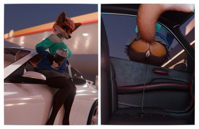 anthro anus beverage bodily_fluids bottomwear car clothed clothing drinking female fur genital_fluids genitals hair hand_on_crotch hoodie inside_car inside_vehicle no_underwear peeing peeing_inside piss_destruction raised_tail skirt solo tail tongue tongue_out topwear urine urine_stream vehicle vulva watersports the_texorcist chimney_(the_texorcist) canid canine fox mammal 3d_(artwork) comic digital_media_(artwork) hi_res