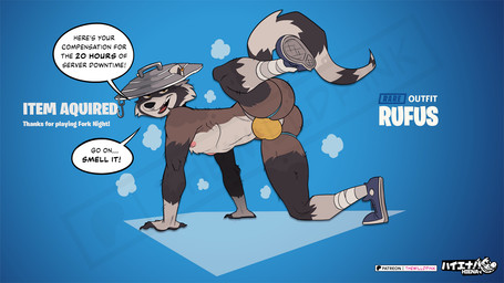 anthro beckoning bedroom_eyes black_body black_fur brown_body brown_fur bulge butt claws clothed clothing ear_piercing facial_piercing fingers footwear fur gameplay_mechanics gesture gui headgear headwear inviting jockstrap looking_at_viewer male musk narrowed_eyes nipples nose_piercing nose_ring perineum piercing pink_nipples presenting raised_leg ring_piercing seductive shoes solo speech_bubble text topless topless_anthro topless_male underwear white_perineum thewilldpink epic_games fortnite rufus_(fortnite) mammal procyonid raccoon english_text watermark