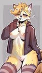 anthro areola biped blonde_hair blush bottomless breasts cheek_tuft chest_tuft clothed clothing countershade_crotch countershade_face countershade_fur countershade_torso countershading facial_tuft female finger_to_mouth footwear fur genitals grey_background grey_clothing grey_hoodie grey_topwear hair hoodie legwear looking_at_viewer navel nipples one_eye_closed open_clothing open_hoodie open_topwear pattern_clothing pattern_footwear pattern_legwear pattern_socks pattern_thigh_highs pattern_thigh_socks pink_areola pink_nipples pussy shirtless simple_background socks solo standing striped_clothing striped_footwear striped_legwear striped_socks striped_thigh_highs striped_thigh_socks stripes tail thigh_highs thigh_socks topwear tuft white_body white_countershading white_fur wink winking_at_viewer yellow_body yellow_fur mayrin_(artist) shiny_dust_(shiny2) canid canine fox mammal 2025 digital_media_(artwork) hi_res portrait shaded three-quarter_portrait