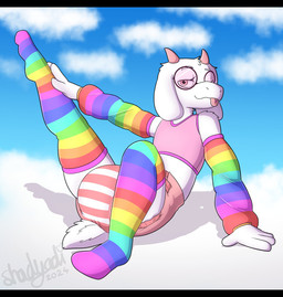 anthro arm_warmers armwear black_bars clothing crop_top diaper diaper_fetish eyewear footwear fur glasses heart_symbol leg_warmers legwear male multicolored_clothing multicolored_footwear multicolored_socks one_eye_closed piercing pink_eyes rainbow_clothing rainbow_footwear rainbow_socks round_glasses shirt sky skyscape socks text thigh_highs thigh_socks tongue tongue_out tongue_piercing topwear wearing_glasses white_body white_fur shadyadi deltarune undertale_(series) ralsei bovid caprine darkner goat mammal 2024 artist_name hi_res letterbox signature