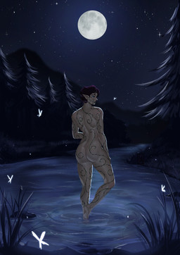 ambiguous_gender androgynous athletic back_muscles bare_skin big_butt black_sclera blue_eyes butt caucasian dynamic_lighting forest_background full_moon glowing glowing_eyes hair hand_on_hip lake light looking_at_viewer looking_back markings_on_body moon moonlight night not_furry nude on_one_leg outside painterly partially_submerged pointy_ears purple_hair rear_view reeds sky solo standing standing_in_water star starry_sky thick_thighs water wilderness lucidarts0 humanoid nature_spirit absurd_res colored digital_media_(artwork) digital_painting_(artwork) full-length_portrait hi_res painting_(artwork) portrait shaded nonbinary_(lore)