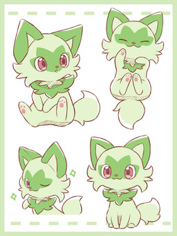 ambiguous_gender border eyes_closed feral fur green_body green_border green_fur one_eye_closed open_mouth pawpads paws pink_eyes simple_background sitting solo sparkles tail nekogyo122 nintendo pokemon felid feline generation_9_pokemon mammal pokemon_(species) sprigatito 2023 3:4 absurd_res hi_res
