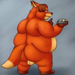 anthro balls belly brown_hair butt dessert food genitals hair humanoid_hands male obese obese_male orange_body overweight overweight_male pastry pie simple_background solo thevillager disney zootopia gideon_grey canid canine fox mammal red_fox true_fox 1:1 2017 archived_source