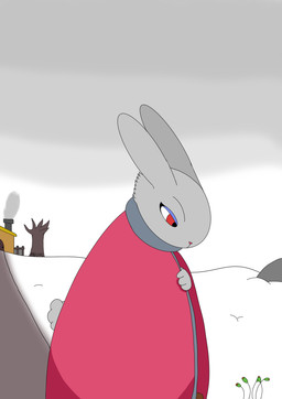 anthro clothed clothing female fence flower fluffy fluffy_tail fur grey_body grey_fur jacket pink_nose plant red_eyes rock snow solo tail topwear tree anuvisur_(artist) lagomorph leporid mammal rabbit absurd_res digital_media_(artwork) hi_res