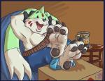 3_toes anthro barefoot beverage biped black_nose clothed clothing feet foot_focus long_ears male paws sitting solo toes tongue topless sean_blackthorne bandai_namco digimon digimon_(species) gargomon lagomorph mammal