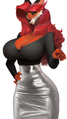 5_fingers anthro big_breasts black_nose bottomwear breasts cleavage clothed clothing female fingers fully_clothed fur gesture hair hand_gesture hand_on_hip huge_breasts long_hair looking_at_viewer multicolored_body multicolored_fur pointing pointing_at_viewer red_body red_eyes red_fur red_hair simple_background skirt smile solo two_tone_body two_tone_fur white_background white_body white_fur momo_fox canid canine fox mammal 2021 absurd_res hi_res