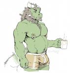 anthro beverage biped bulge clothed clothing coffee coffee_mug container cup hair holding_container holding_cup holding_object horn male musclegut muscular muscular_anthro muscular_male nipple_piercing nipples pecs piercing simple_background solo standing tail topless underwear darkgem mythology darkie_(darkgem) dragon mythological_creature mythological_scalie reptile scalie 2016