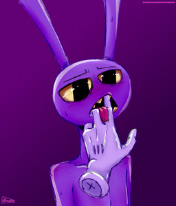 anthro blush blush_lines clothing disembodied_hand duo finger_in_mouth gloves handwear long_ears male purple_body purple_skin teeth text yellow_eyes yellow_sclera hornyfudge glitch_productions the_amazing_digital_circus jax_(tadc) lagomorph leporid mammal rabbit absurd_res hi_res huge_filesize