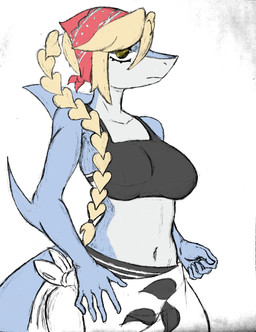 5_fingers anthro arm_fin big_breasts big_tail black_clothing black_crop_top black_shirt black_topwear blonde_hair blue_body blue_scales braided_hair braided_ponytail breasts clothing crop_top dorsal_fin eyelashes female fin fingers grey_body grey_scales hair kerchief long_hair long_tail midriff multicolored_body multicolored_scales navel ponytail sarong scales shirt simple_background snout solo tail topwear two_tone_body two_tone_scales white_background yellow_eyes third-party_edit vicdredd cavemanon_studios volcaldera_ashfall coral_(volcaldera_ashfall) aquatic fish mackerel_shark shark thresher_shark 2026 color_edit colored hi_res