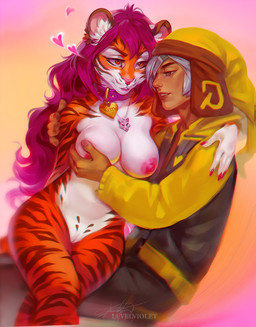anthro belly breast_grab breasts clothed clothing collar crossed_legs duo female fur genitals hair hand_on_breast hand_on_shoulder hat headgear headwear heart_symbol human_on_anthro inner_ear_fluff interspecies jacket jewelry long_hair male male/female mostly_nude necklace nipples on_lap pendant romantic romantic_ambiance romantic_couple side_view simple_background sitting sitting_on_lap striped_body striped_fur stripes text topwear tuft vulva white_belly levelviolet felid human mammal pantherine tiger digital_media_(artwork) english_text portrait three-quarter_portrait