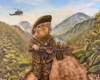 aircraft ambiguous_gender anthro brown_body brown_fur camo camo_print clothing fur group gun hat headgear headwear helicopter military mountain outside plant ranged_weapon semi-anthro shotgun sky soldier solo_focus text vehicle warrior weapon travis_chapman capybara caviid mammal rodent acrylic_painting_(artwork) artist_name painting_(artwork) signature traditional_media_(artwork) traditional_painting_(artwork)
