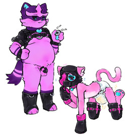 all_fours animal_mask anthro anthrofied balls bdsm belly biped black_chastity_cage black_collar black_sclera blue_body blue_eyes blue_fur blue_nose blue_pawpads blush bodily_fluids chastity_cage chastity_device clicker_training clothed clothing collar collar_tag crying diaper dominant dominant_in_chastity dominant_male duo embarrassed feet flaccid fur genital_fluids genitals handwear harness heart_(marking) hindpaw humiliation male markings mask mittens mostly_nude multicolored_body multicolored_fur onomatopoeia overweight overweight_anthro overweight_male pawpads paws penis petplay pink_balls pink_body pink_collar pink_eyes pink_fur pink_penis pokemorph pup_mask puppyplay purple_body purple_fur roleplay sharp_teeth simple_background sound_effects striped_markings striped_tail stripes submissive submissive_male tail tail_markings tears teeth text toony topless unclean_diaper urine used_diaper watersports wearing_chastity_device wearing_diaper wet_diaper white_background omufujofish nintendo pokemon august_(meowmcmeow) fan_character gao_(meowmcmeow) domestic_cat felid feline felis generation_7_pokemon mammal pokemon_(species) torracat digital_media_(artwork) hi_res